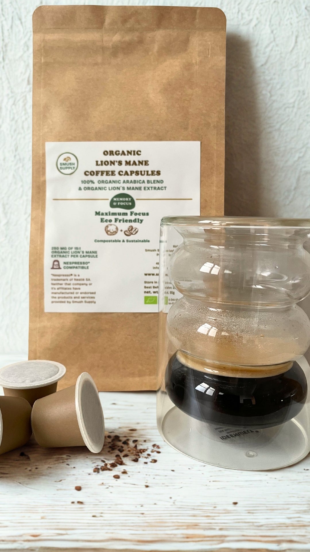 Organic Lion's Mane with organic 100% Arabica Coffee in compostable capsules