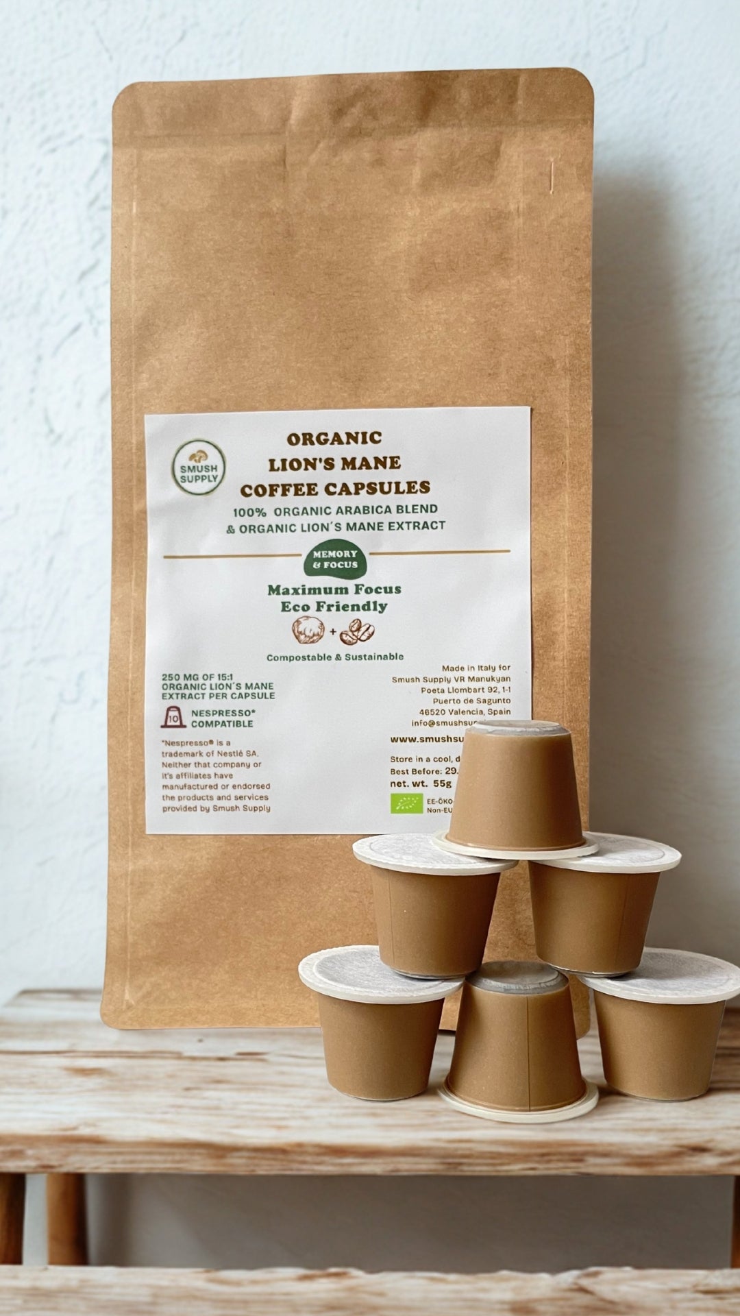 Organic Lion's Mane with organic 100% Arabica Coffee in compostable capsules