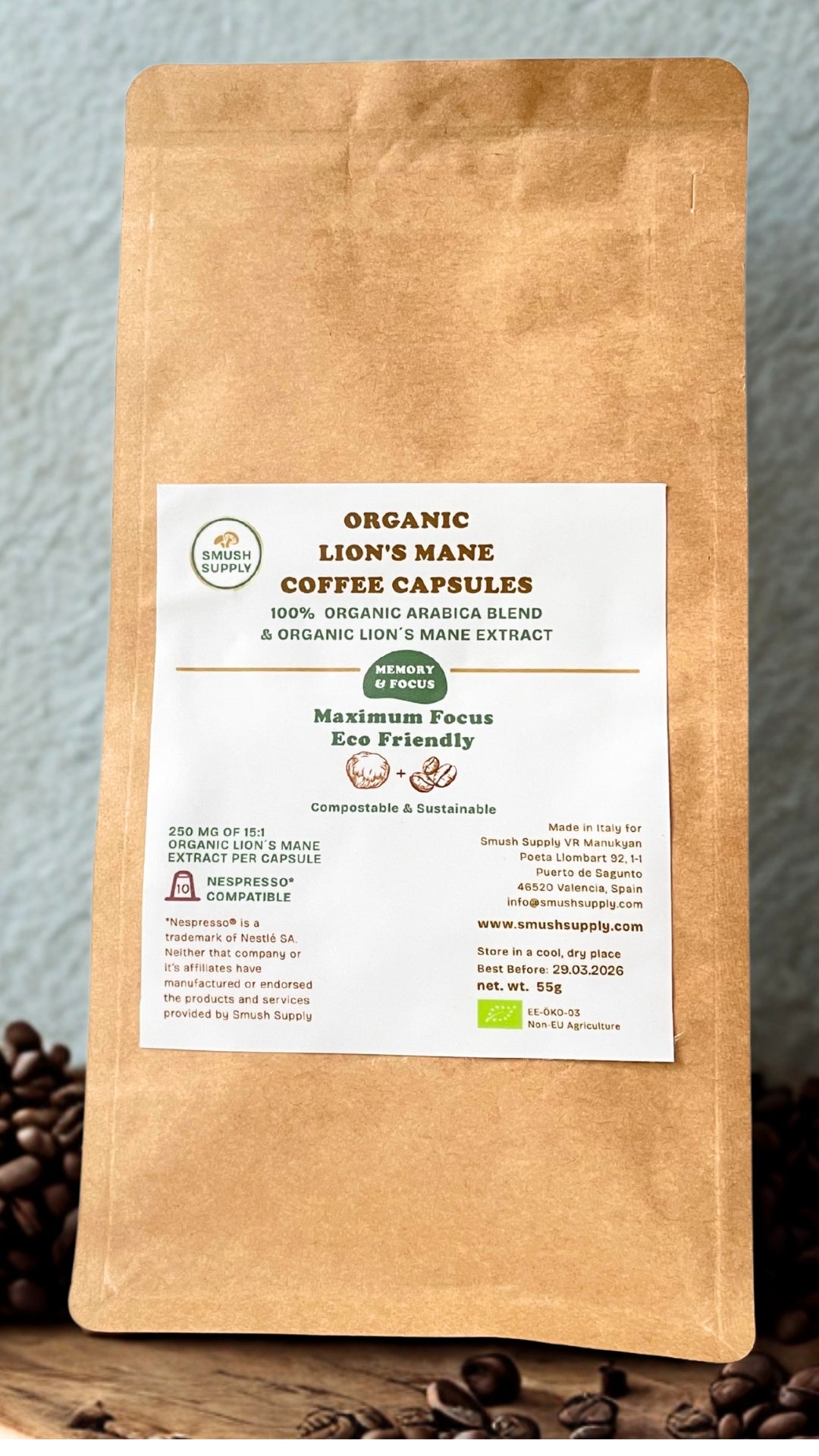 Organic Lion's Mane with organic 100% Arabica Coffee in compostable capsules
