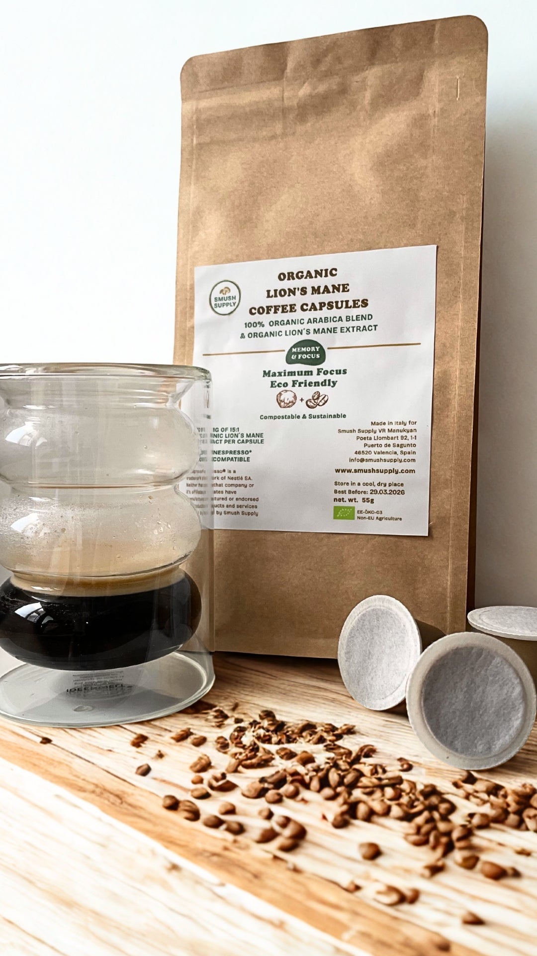 Organic Lion's Mane with organic 100% Arabica Coffee in compostable capsules
